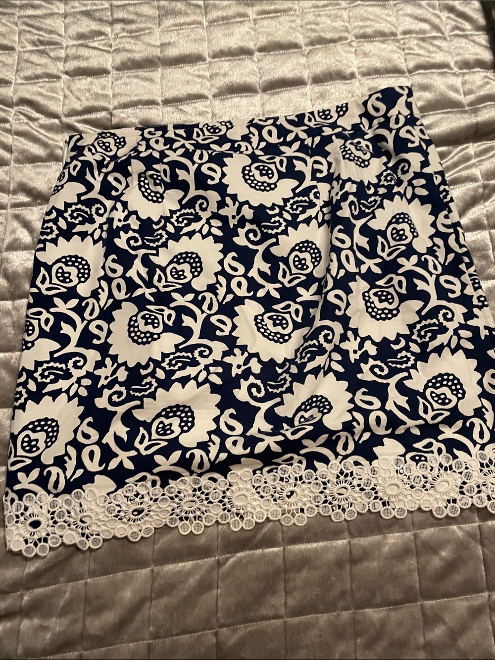 Talbots Navy and White Floral Lace-Trim Mini Skirt